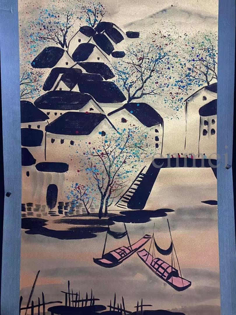 中国古美術・旧藏・近現代・吳冠中款・金箋・山水風景画・中堂掛軸・純手描き・書画