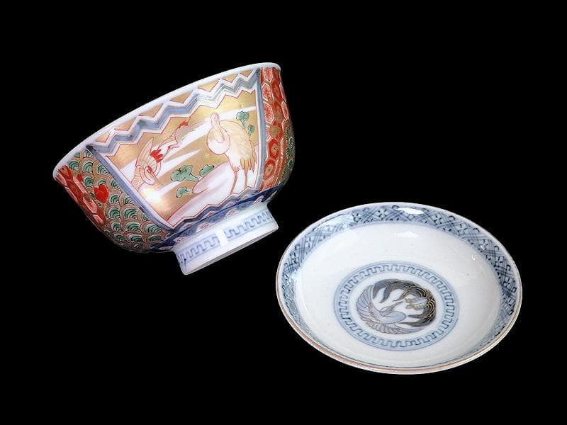 古伊万里　金襴手　亀甲に青海波　舞鶴の図　蓋茶碗　2客　E086AS-DAk