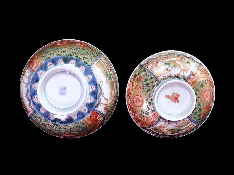 古伊万里　金襴手　亀甲に青海波　舞鶴の図　蓋茶碗　2客　E086AS-DAk