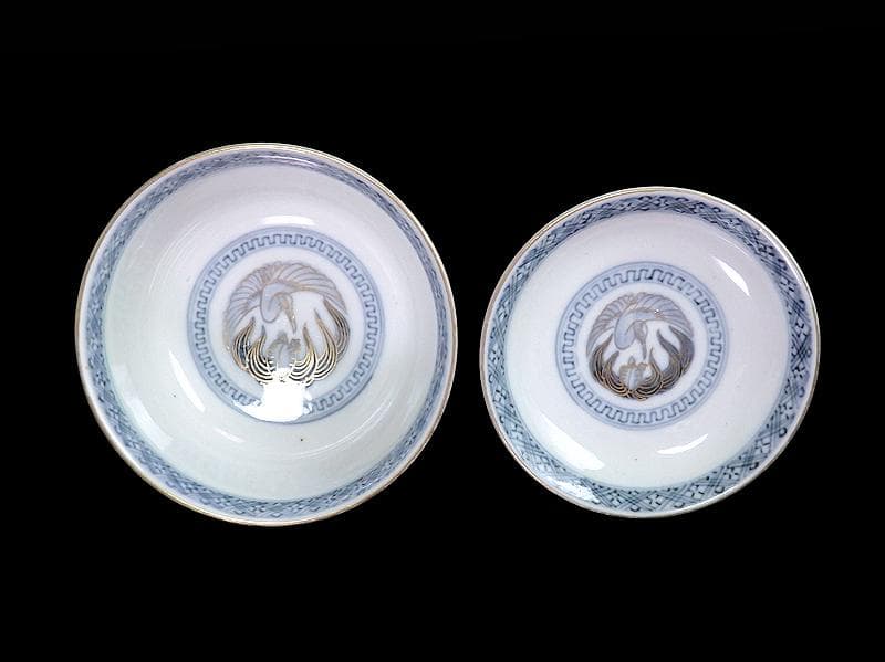 古伊万里　金襴手　亀甲に青海波　舞鶴の図　蓋茶碗　2客　E086AS-DAk