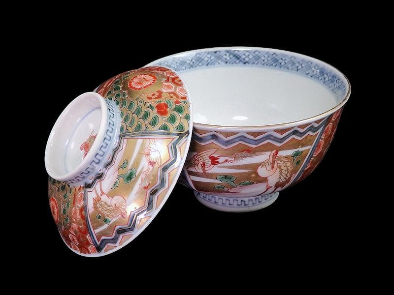 古伊万里　金襴手　亀甲に青海波　舞鶴の図　蓋茶碗　2客　E086AS-DAk