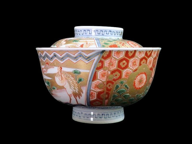 古伊万里　金襴手　亀甲に青海波　舞鶴の図　蓋茶碗　2客　E086AS-DAk