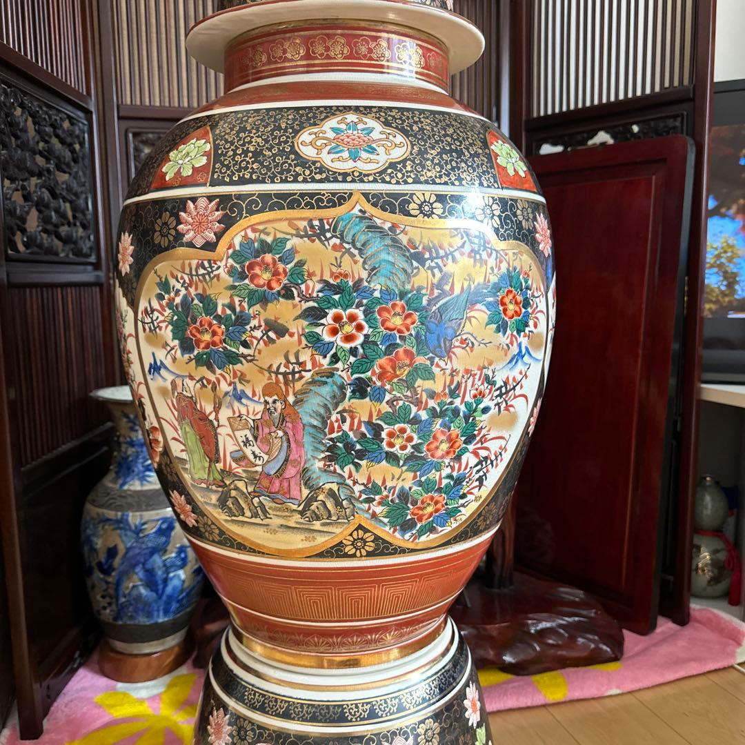 特大　九谷焼飾り壺 人物花鳥図　高さ約125cm 沈香壺 三段壺　陶芸　骨董品