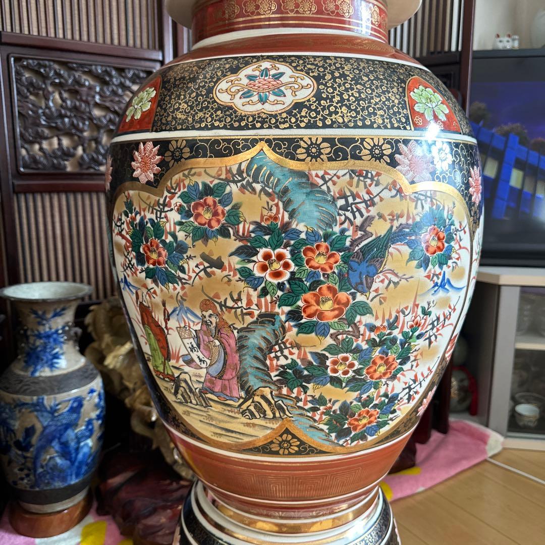 特大　九谷焼飾り壺 人物花鳥図　高さ約125cm 沈香壺 三段壺　陶芸　骨董品