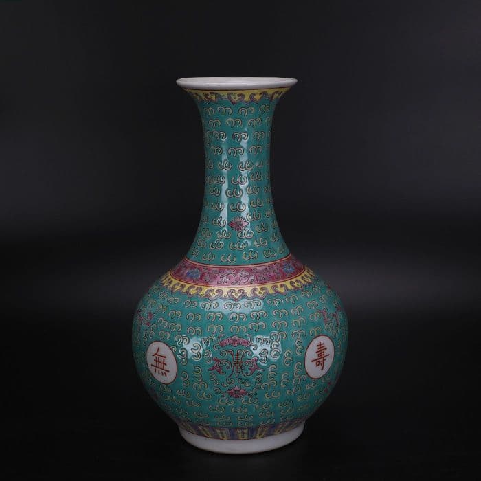 緑地パステル万寿無疆紋賞瓶 景徳鎮 陶磁器 装飾品 現代工芸品 美術品 置物