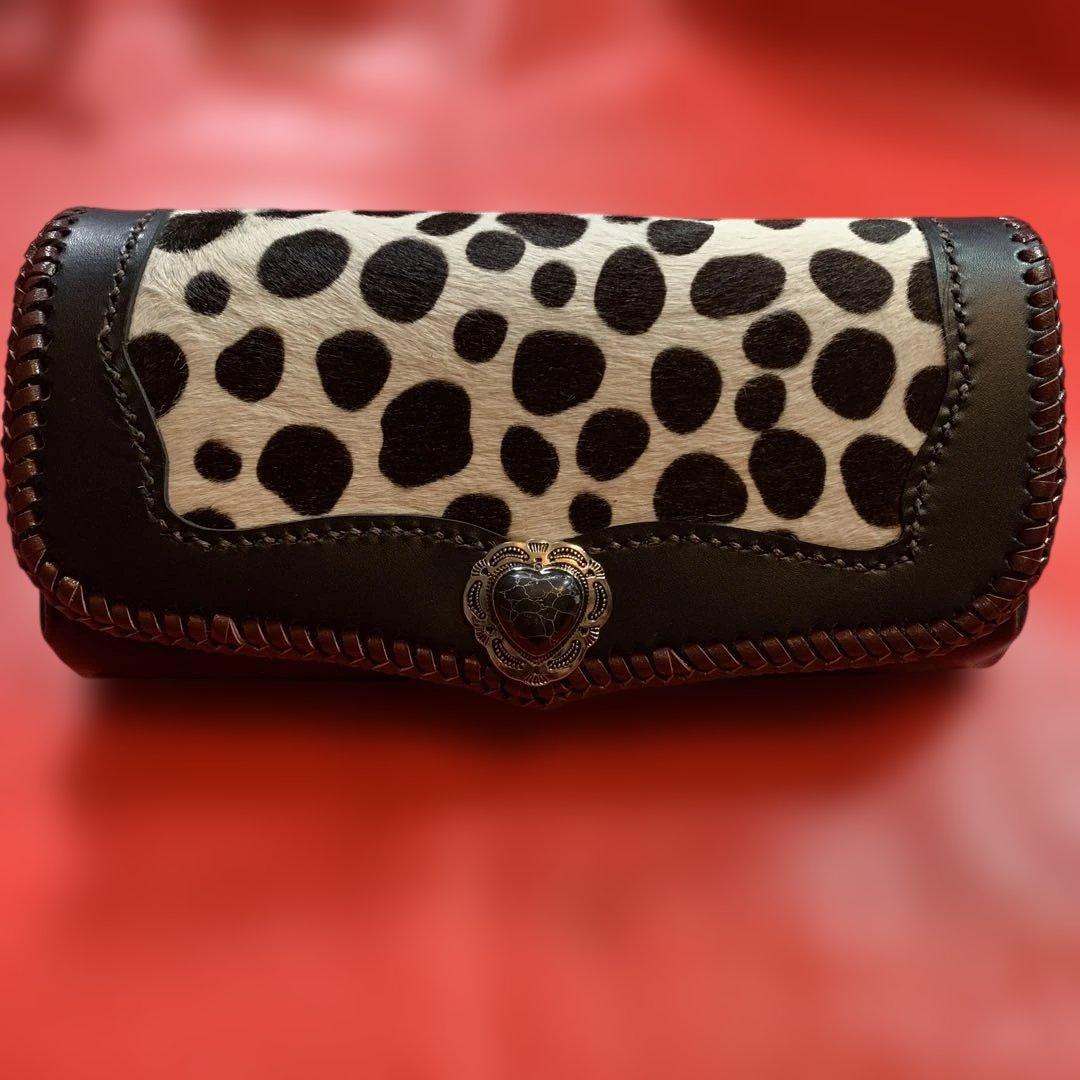 ハンドメイドレザークラフトダルメシアン柄ハラコアコーディオン長財布牛レース編み