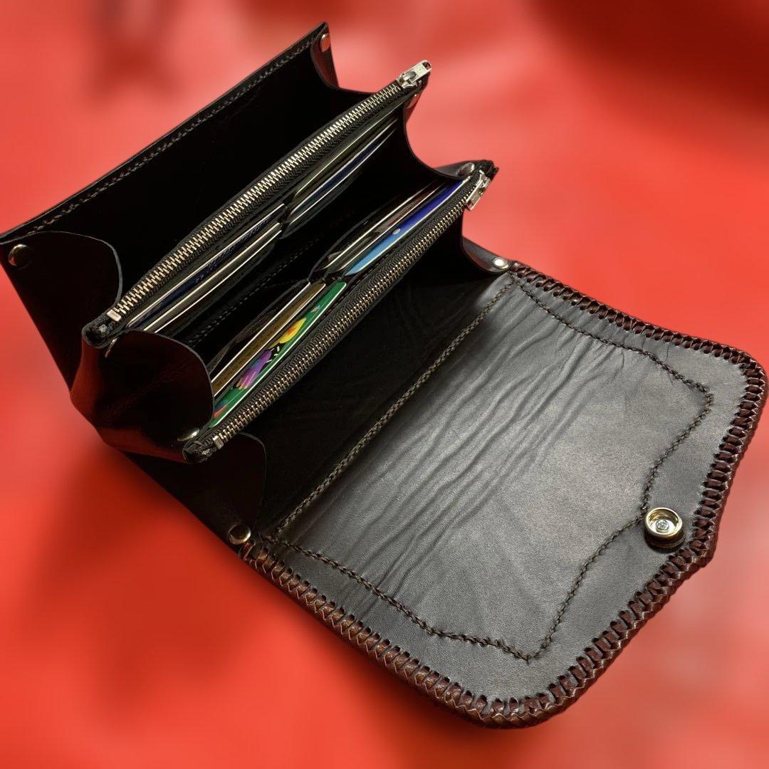 ハンドメイドレザークラフトダルメシアン柄ハラコアコーディオン長財布牛レース編み