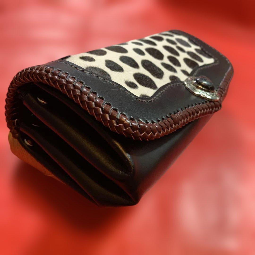 ハンドメイドレザークラフトダルメシアン柄ハラコアコーディオン長財布牛レース編み