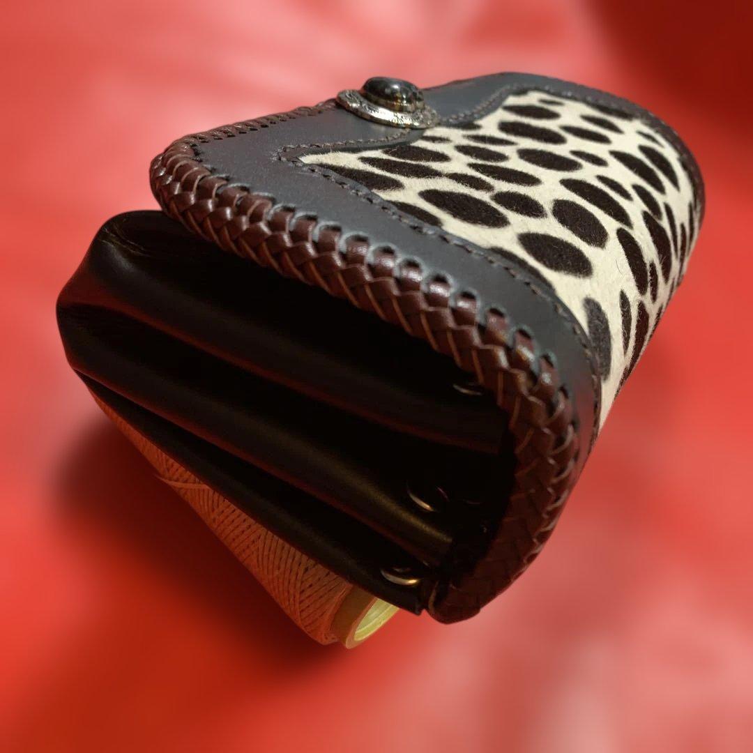 ハンドメイドレザークラフトダルメシアン柄ハラコアコーディオン長財布牛レース編み