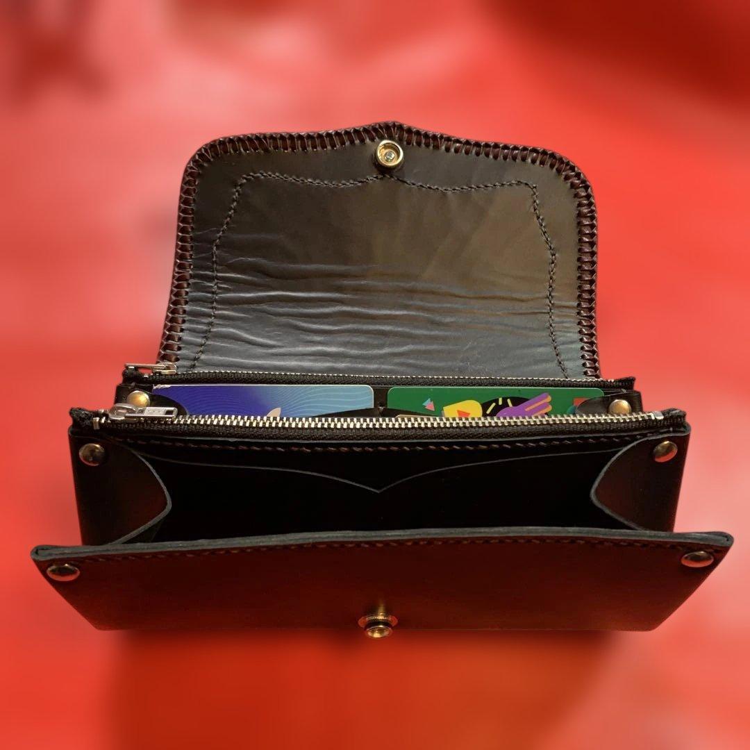 ハンドメイドレザークラフトダルメシアン柄ハラコアコーディオン長財布牛レース編み