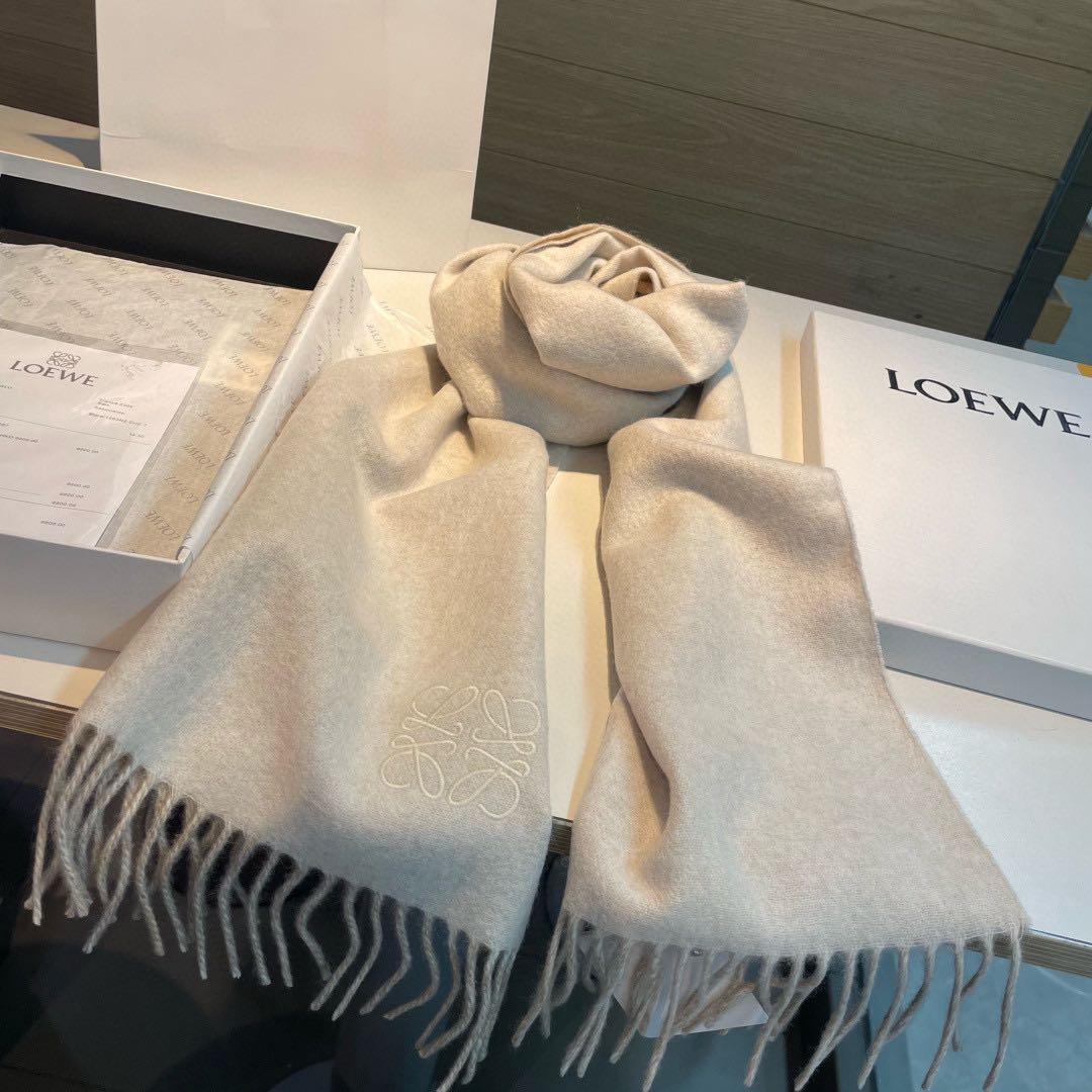 ロエベ マフラー ベージュ カシミヤ フリンジ付き 35×180cm