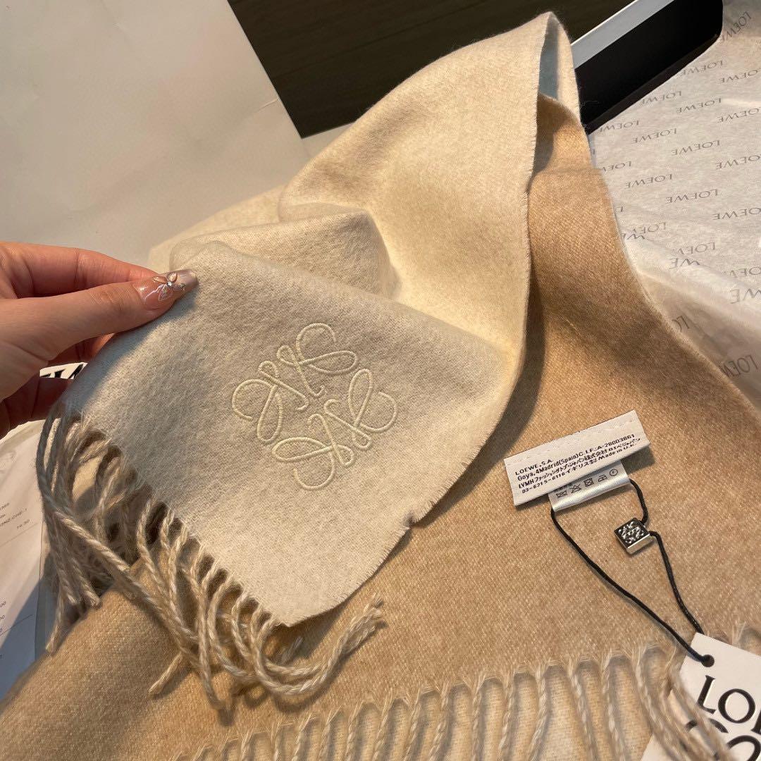 ロエベ マフラー ベージュ カシミヤ フリンジ付き 35×180cm