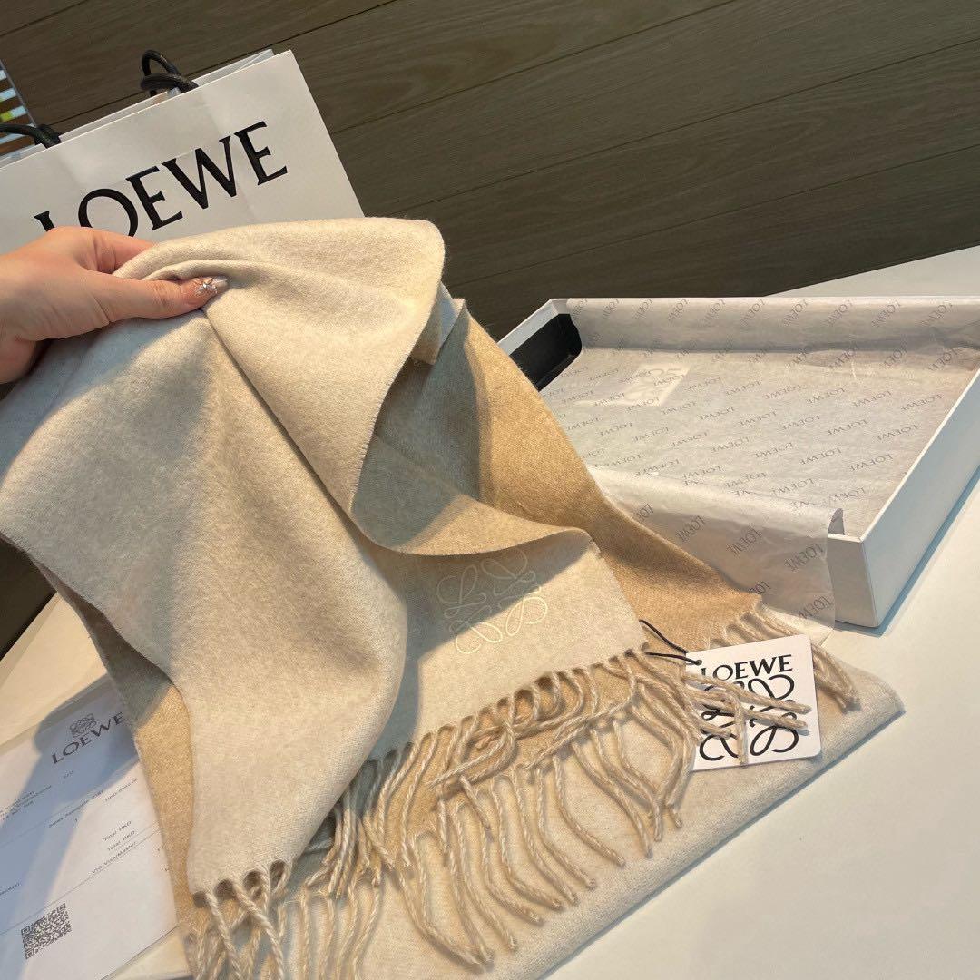 ロエベ マフラー ベージュ カシミヤ フリンジ付き 35×180cm