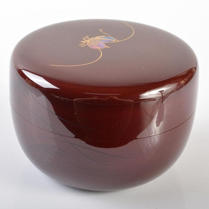 茶道具　加賀蒔絵師　竹内幸斎作　螺鈿装飾　鈴虫蒔絵　平棗　共箱　V　R6957