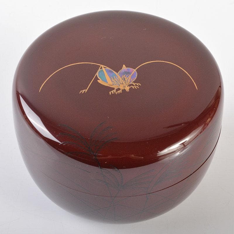 茶道具　加賀蒔絵師　竹内幸斎作　螺鈿装飾　鈴虫蒔絵　平棗　共箱　V　R6957