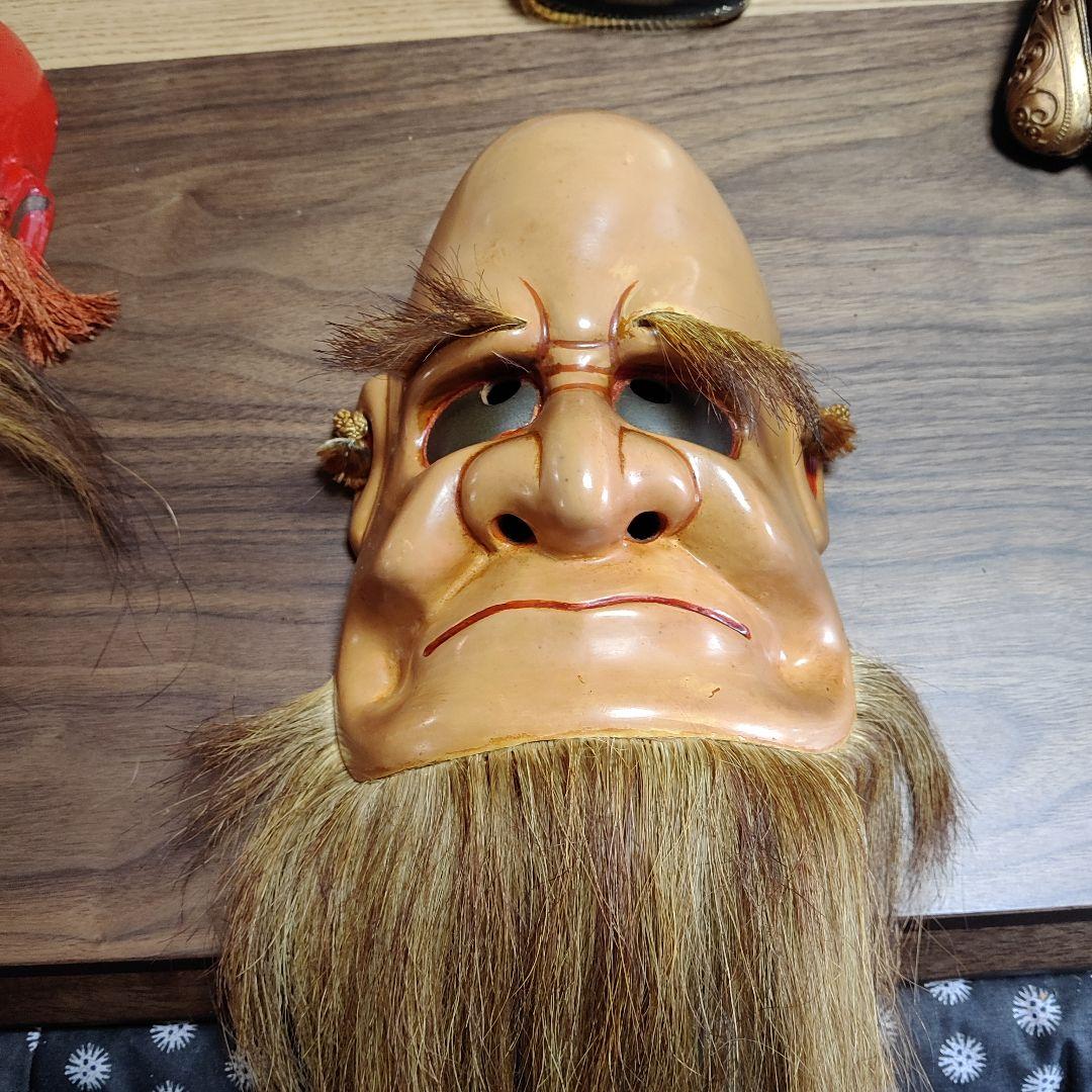 金色 木製 神楽面 髪の毛付き　川本作