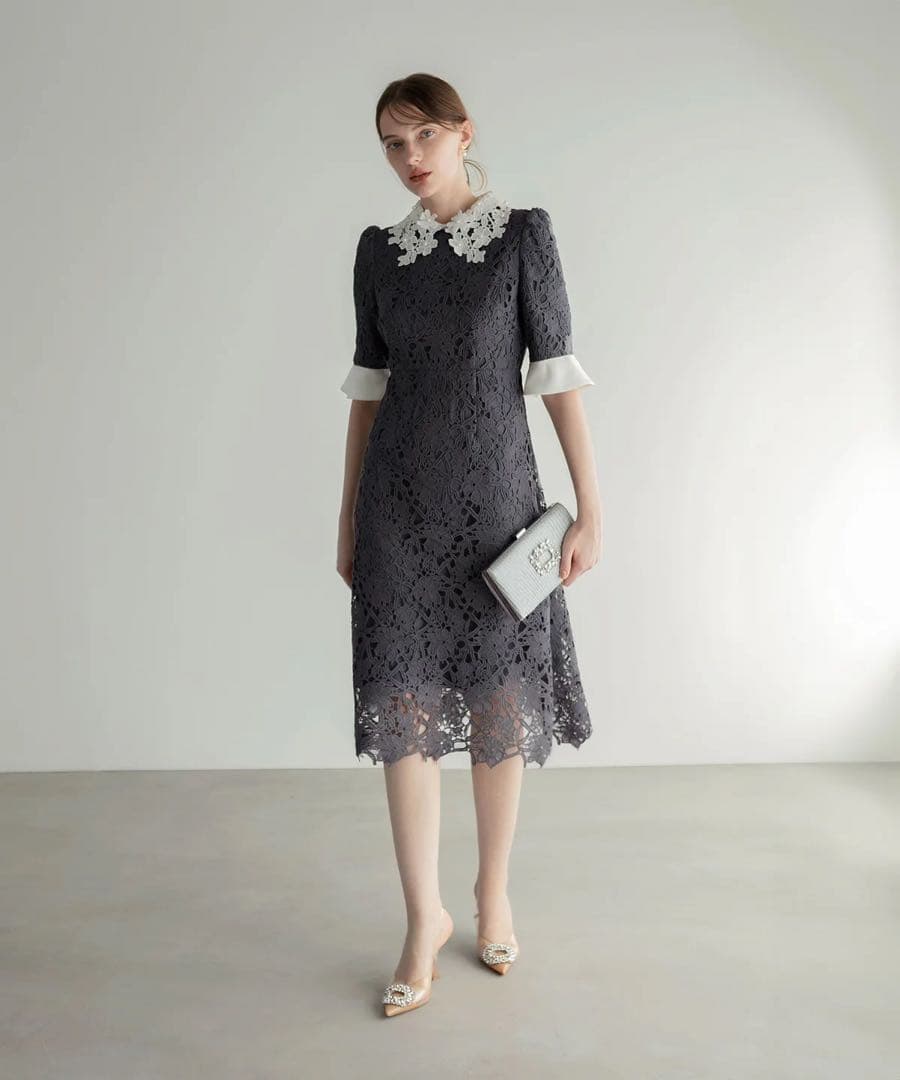 【Sサイズ】Leja 花柄レースカラースパンコールAラインワンピース