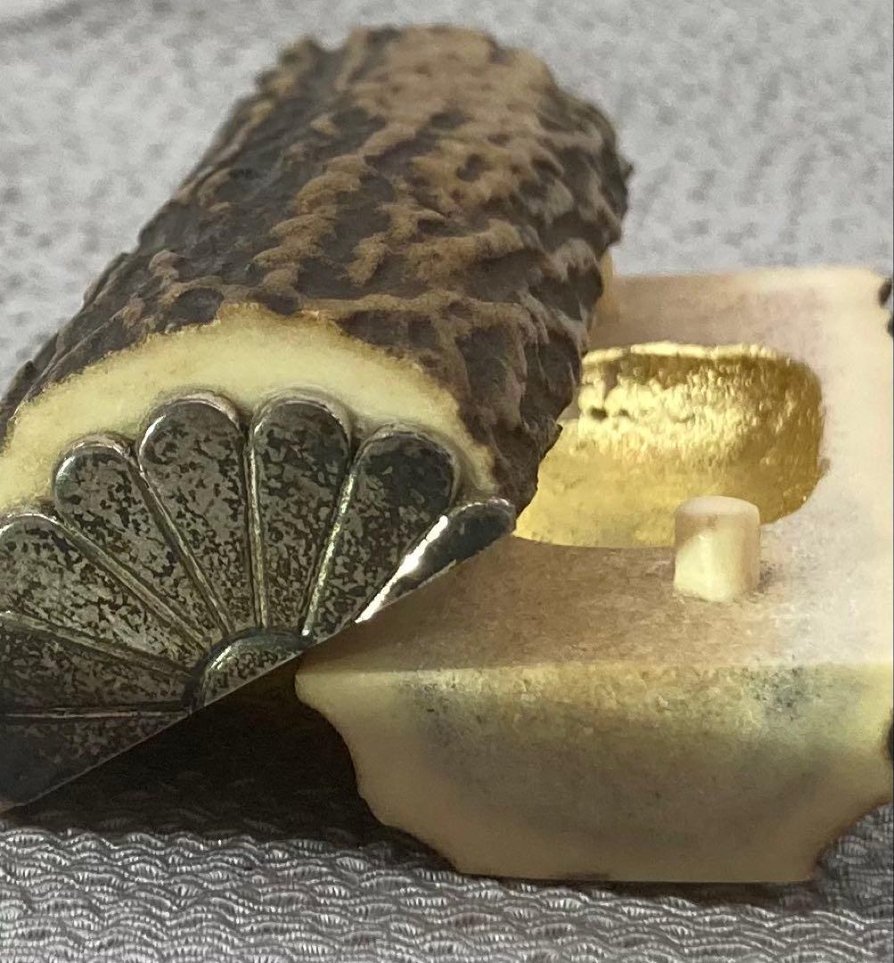 B439s「春日大社鹿角香合」木遊軒一丘造一司作　共袋(一丘)共箱(一丘一司銘)