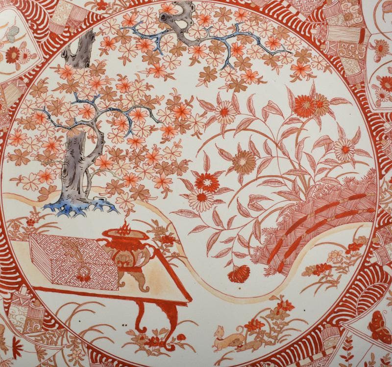 九谷焼　古九谷　赤絵金彩　花文　飾皿　大皿　直径約43.5㎝　M　R4861C