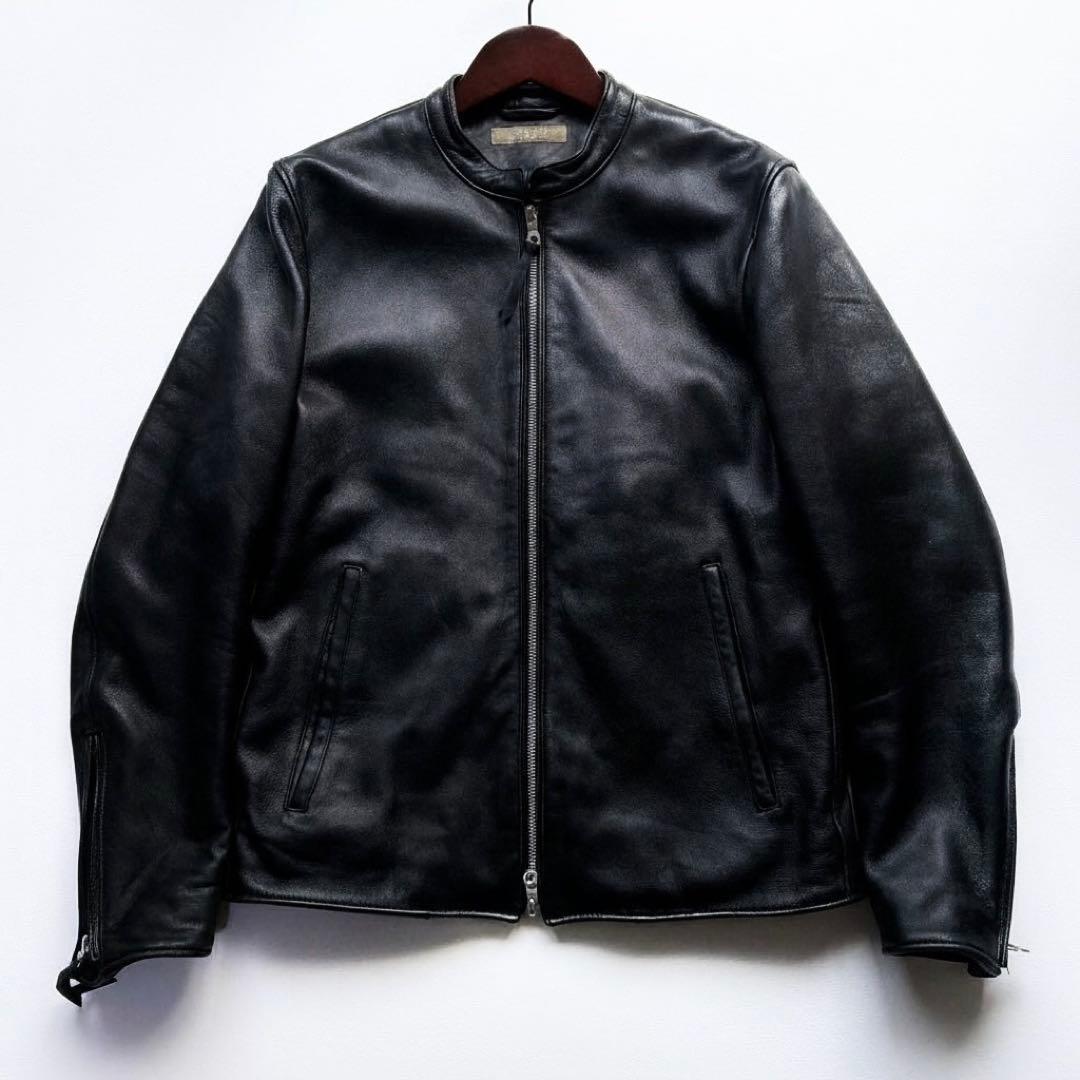 美品 ナノユニバース シングルライダースジャケット L 羊革 ブラック 黒