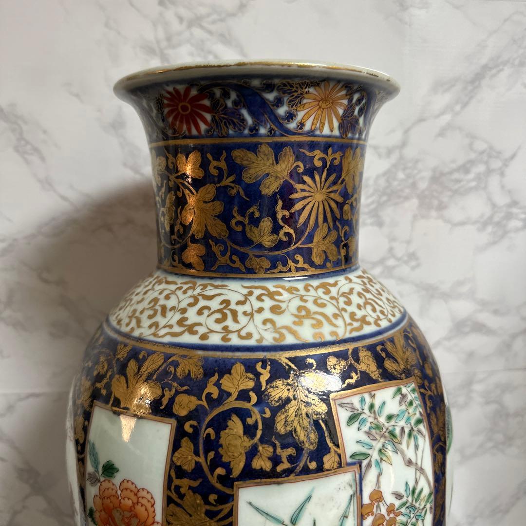 献上手、在名、特大、50センチ、古伊万里、金彩花鳥、人物、図、大花瓶。