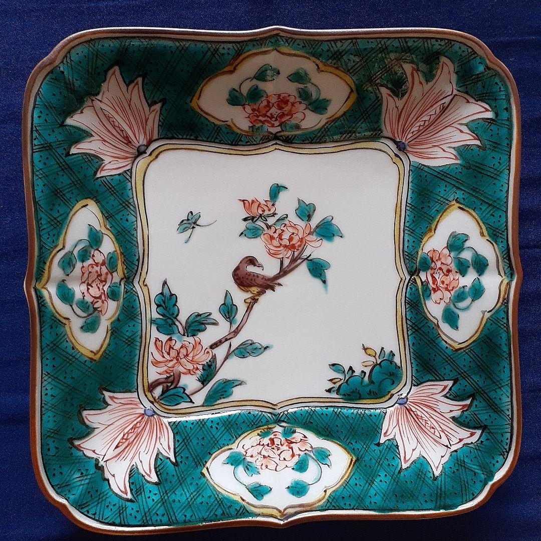 古九谷色絵牡丹蝶々鳥図角皿5客