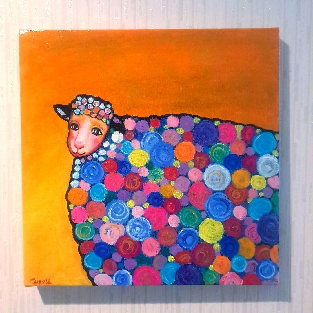キャンバス油絵 　あり　くるくるカラフルSheep