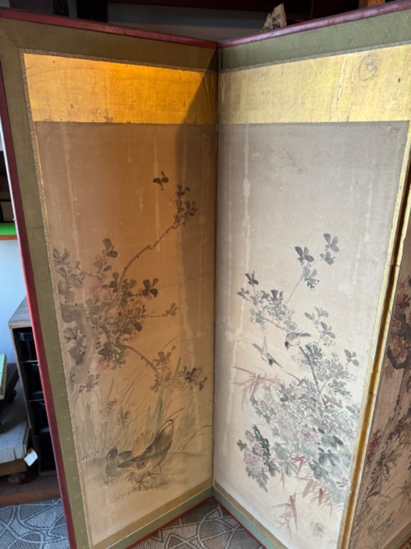 江戸後期 ~ 明治初期 六曲屏風 二点セット 鳥花図 美品 アンティーク