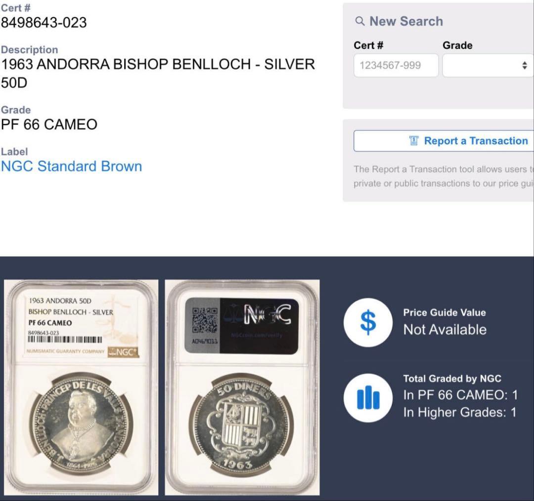 超希少)NGC PF66CAMEO アンドラ 1963 50D銀貨 ベンロック