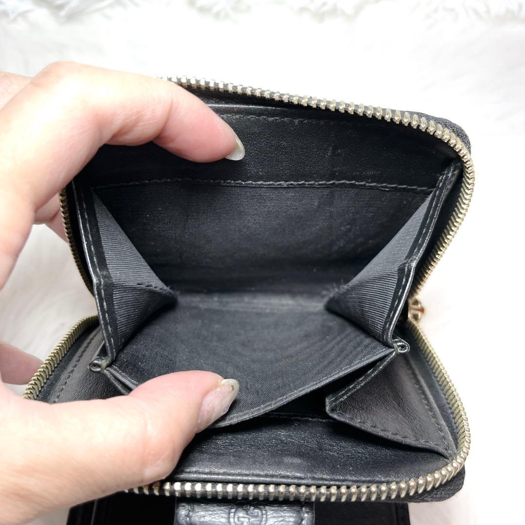極美品 GUCCI マイクロGG シマ 2つ折り財布 レザー ラウンドジップ 黒