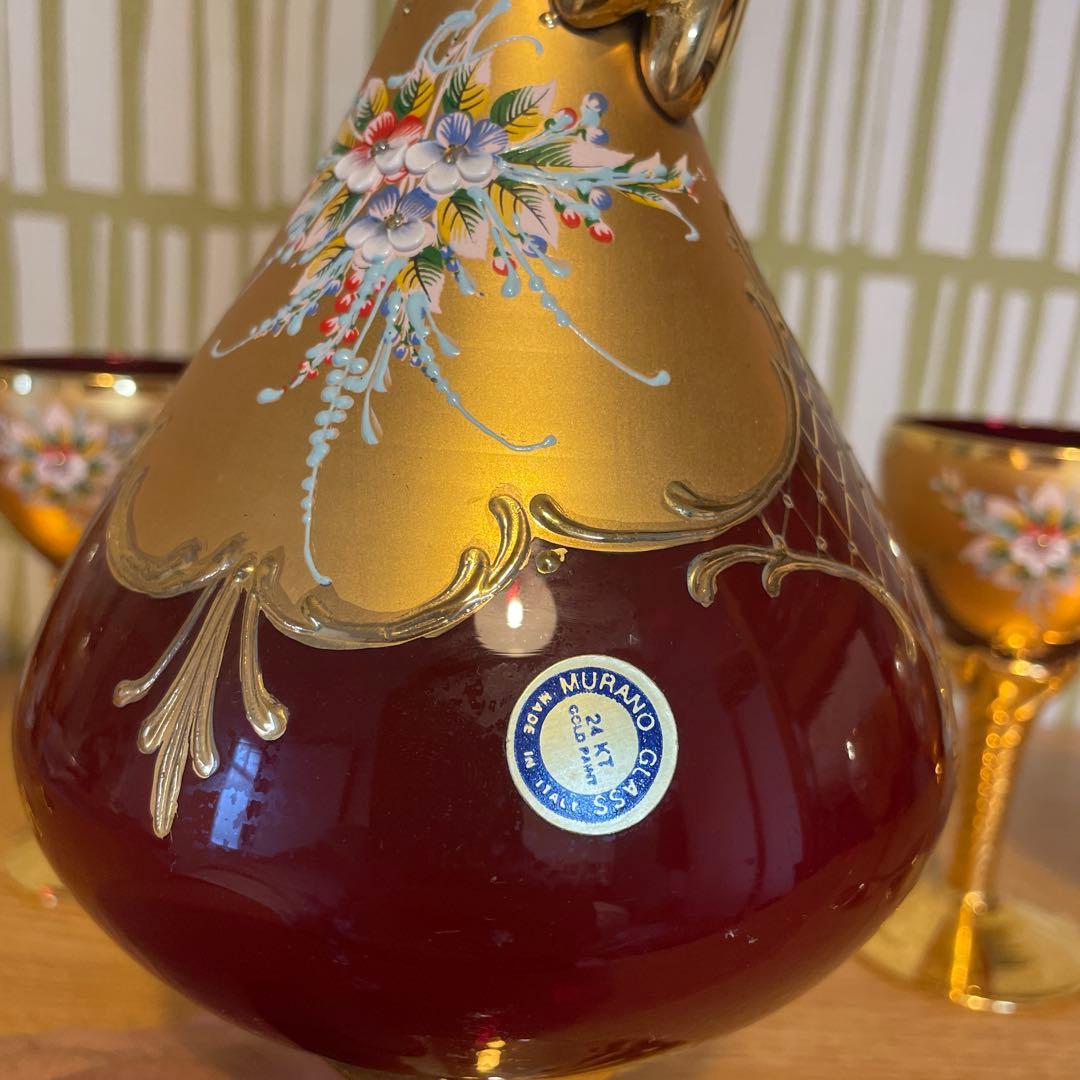 Murano Glass 赤金 デキャンタとグラスセット