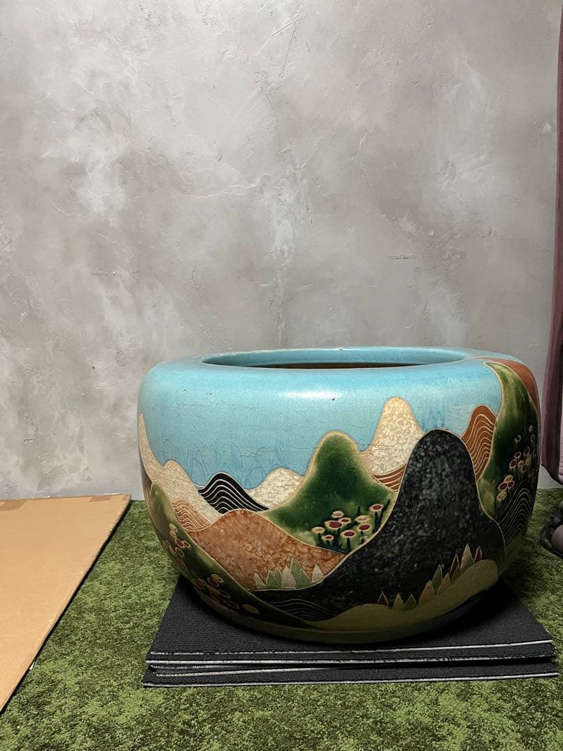 絵柄　火鉢　大型　風景　かめ　陶器