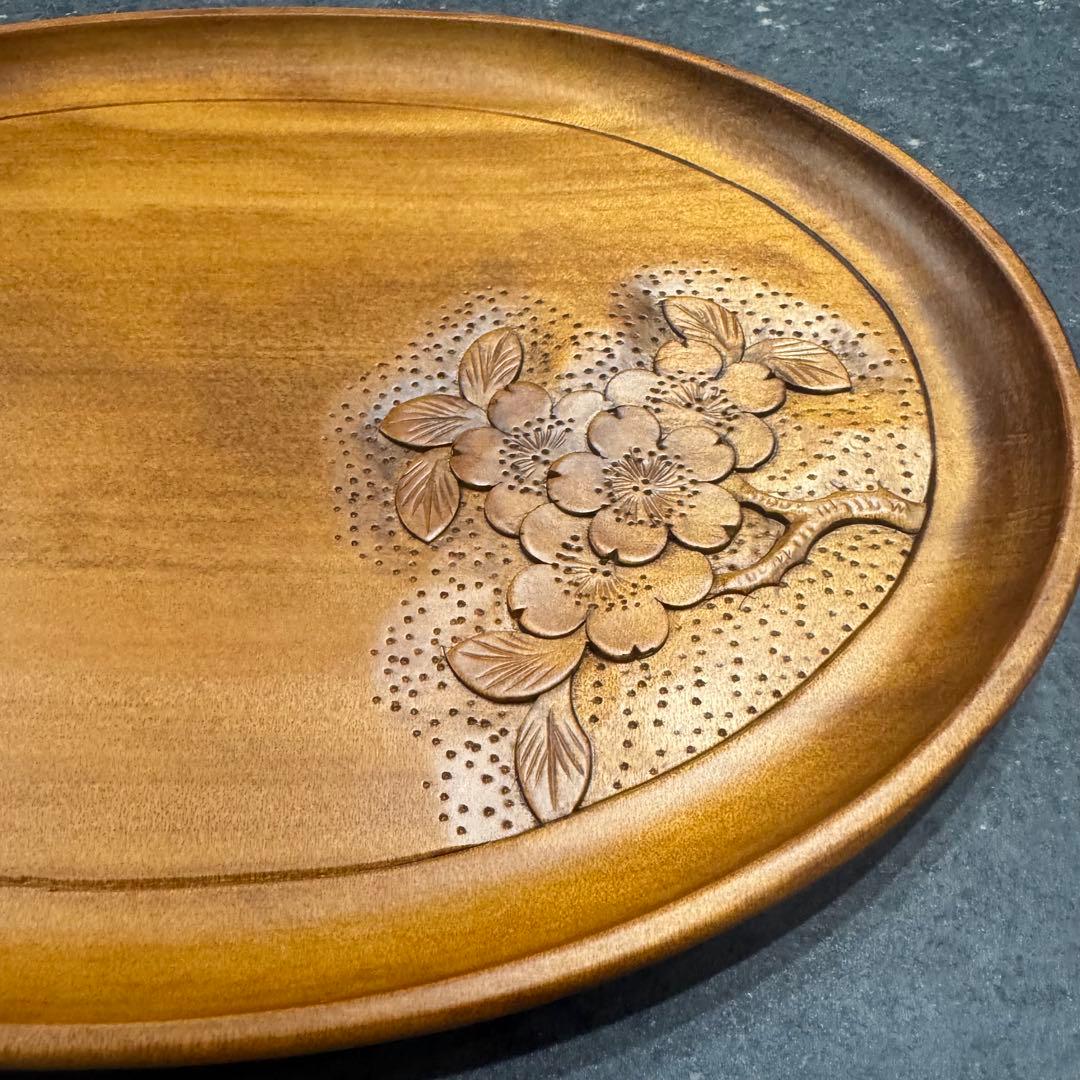 【新品未使用箱説明書付き】軽井沢彫 大阪屋家具店 楕円形 桜彫刻 33cm木製