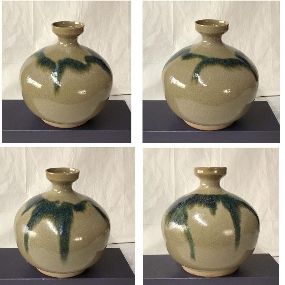 e3050 黒井一楽 虫明焼 青釉流し 花入 共箱 蕪形 高さ17.5cm