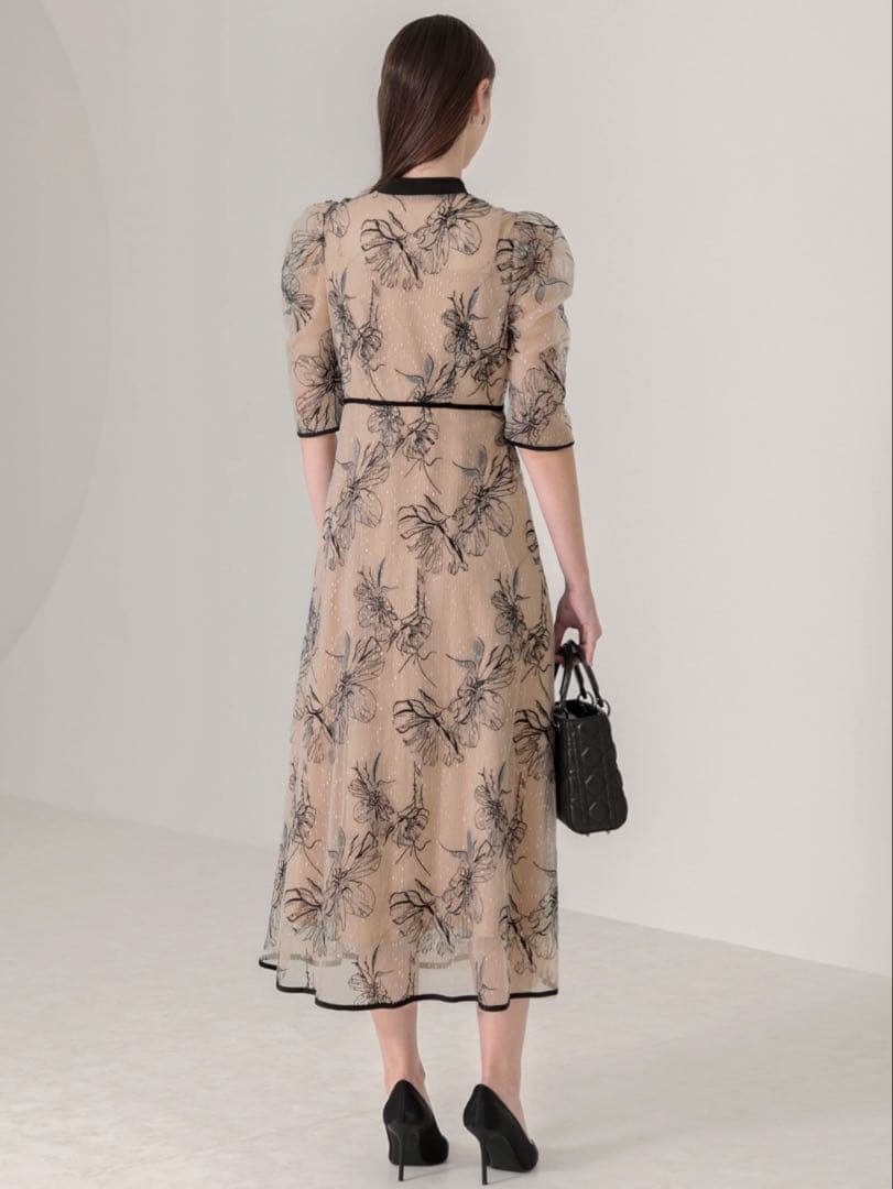 パイピングハイネック花柄ラメレースワンピースドレス結婚式パーティー成人式二次会