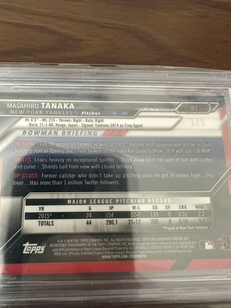 【Bowman Chrome 1/1  】田中将大 Beckett 9.5 NY