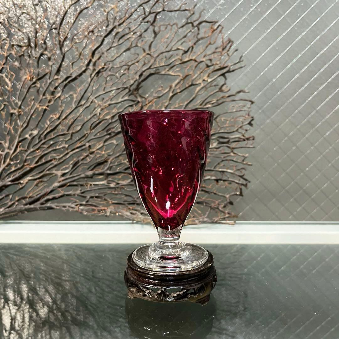 骨董　時代　希少金赤ガラス　モールガラス調　流線型　アイスコップ　ウラン ①