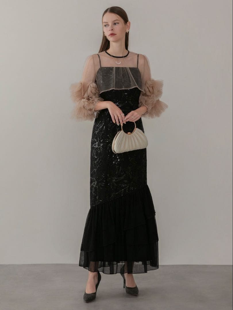 フラワースパンコールチュールフリルスリーブIラインワンピースドレス結婚式成人式