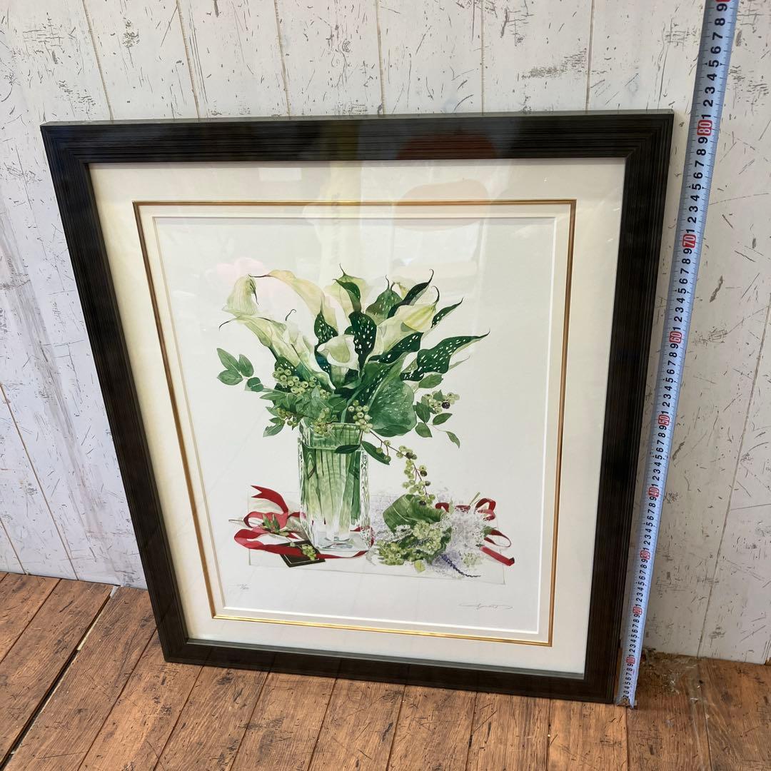 ブルーベリー リボン 花瓶 ガラス 複製画 琉球ガラス 植物 花イラスト 緑