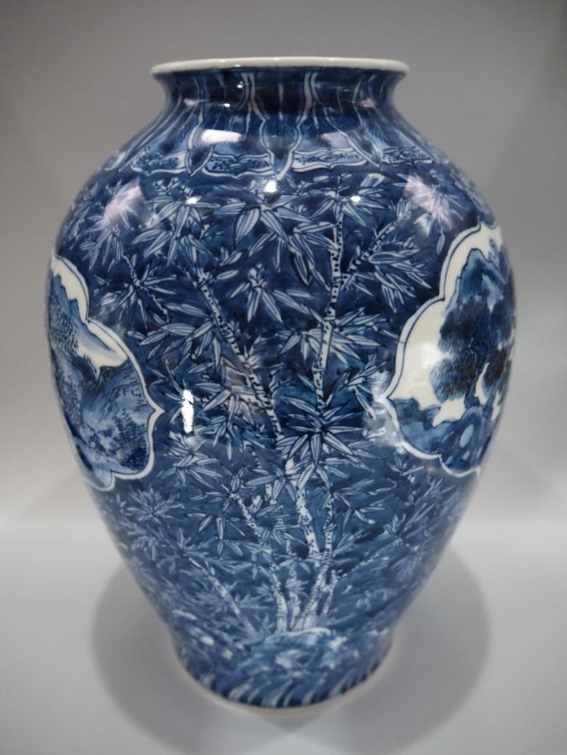 ぶりぶり☆割引セール☆ 清風与平造　松竹梅窓山水文 大型花瓶 30㎝ 共箱