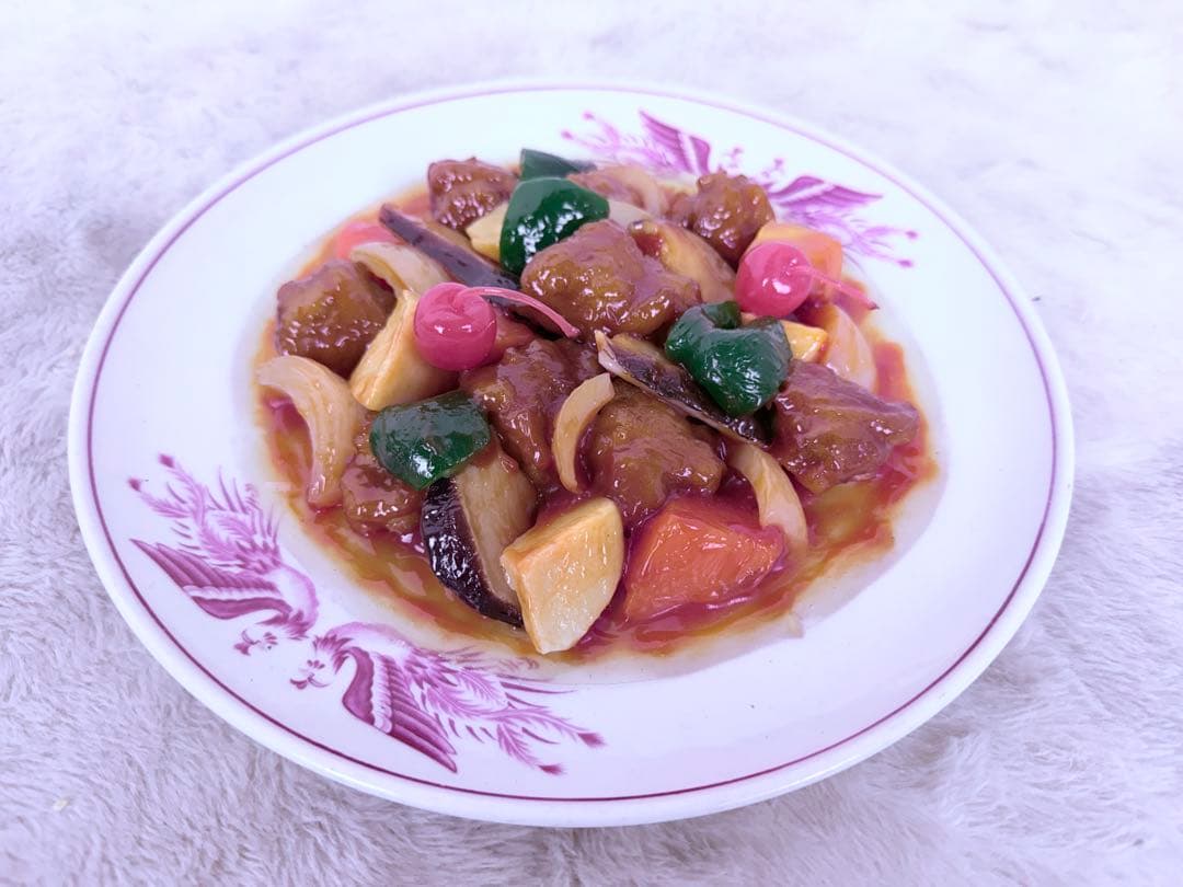 リアル食品サンプル 酢豚 甘酢あん 中華料理ディスプレイ用 直径約26.5cm