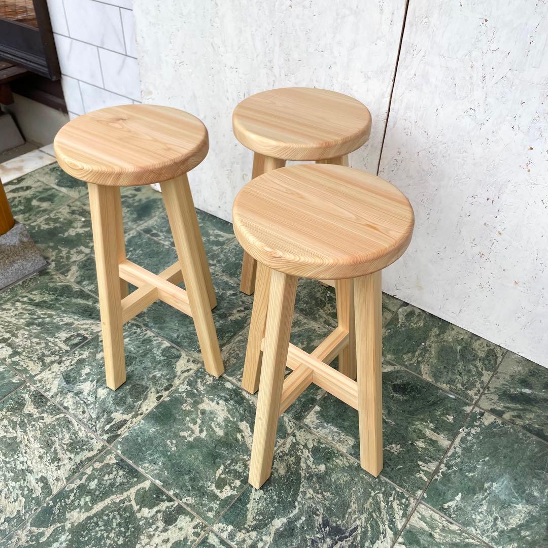 みかん　国産ひのき　木製スツール　カウンターチェアー　丸椅子　3脚