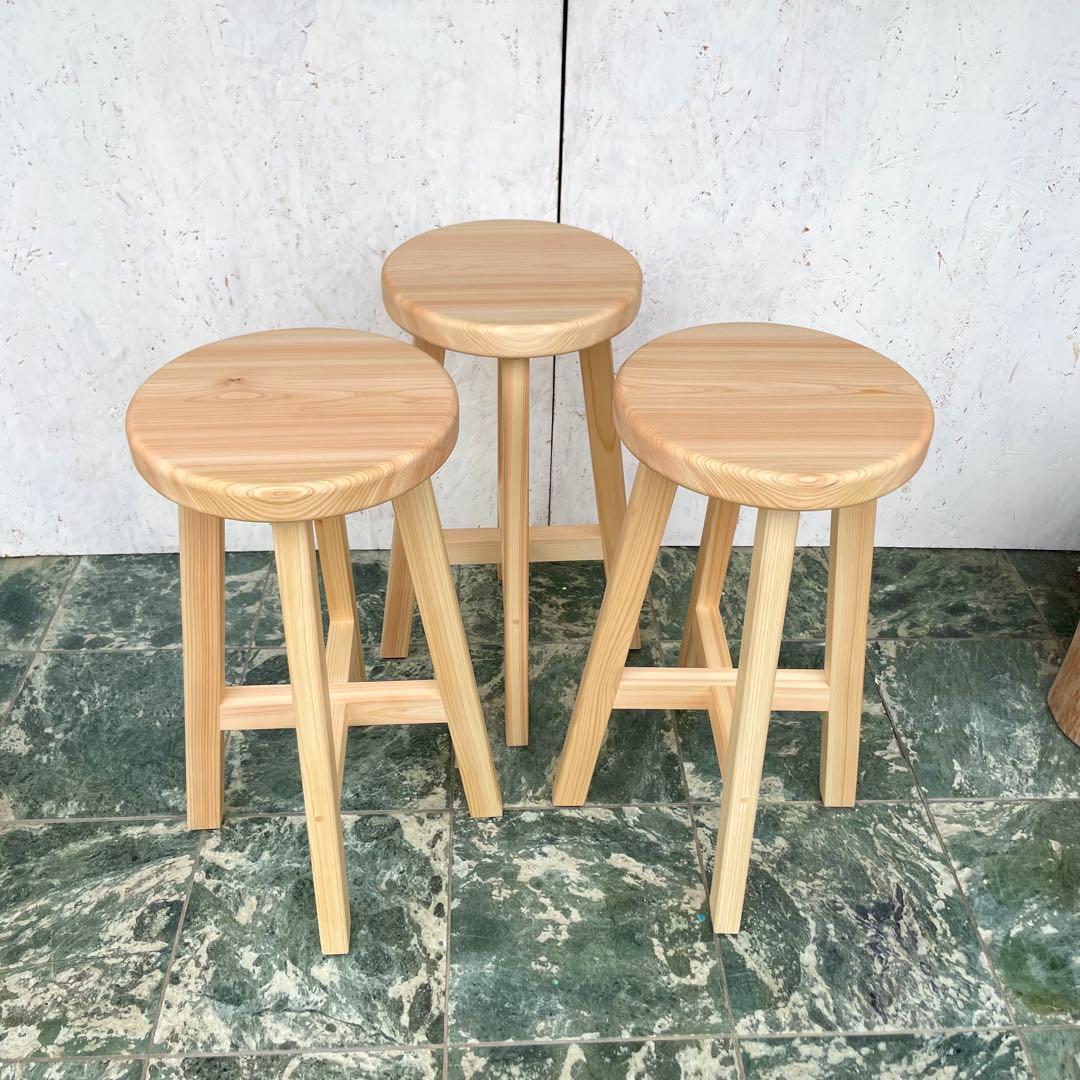 みかん　国産ひのき　木製スツール　カウンターチェアー　丸椅子　3脚