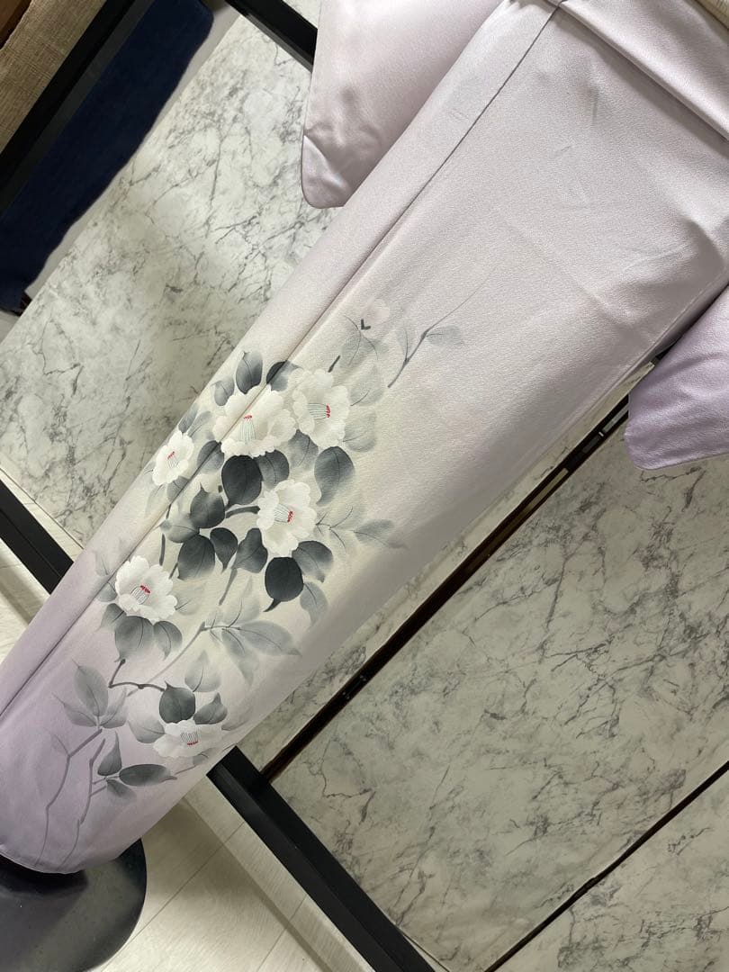 ご購入者様決定正絹付け下げ 薄いふじ色 つばき花柄 一つ紋