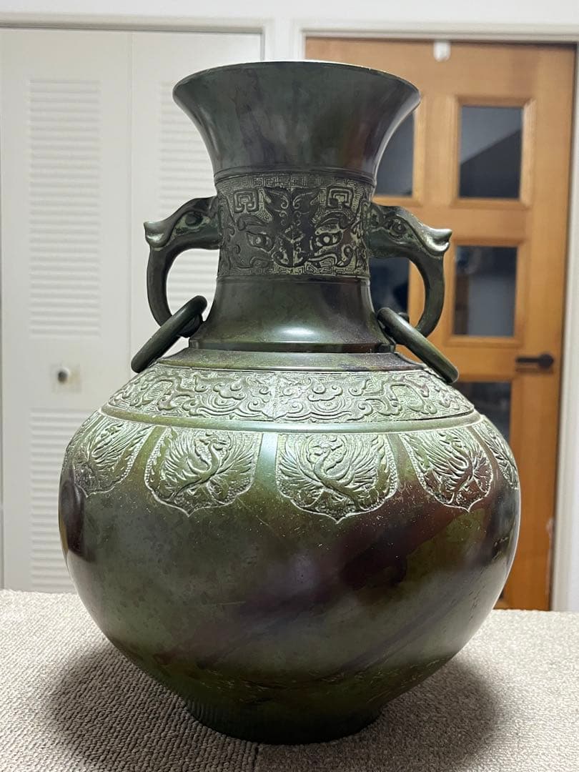 高岡銅器 吉秀 双耳 浮彫花鳥文花器 花瓶 華道具 飾り壷 インテリア