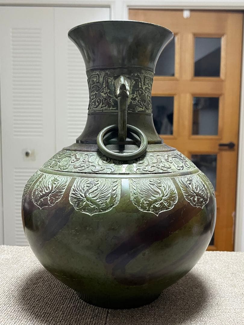 高岡銅器 吉秀 双耳 浮彫花鳥文花器 花瓶 華道具 飾り壷 インテリア