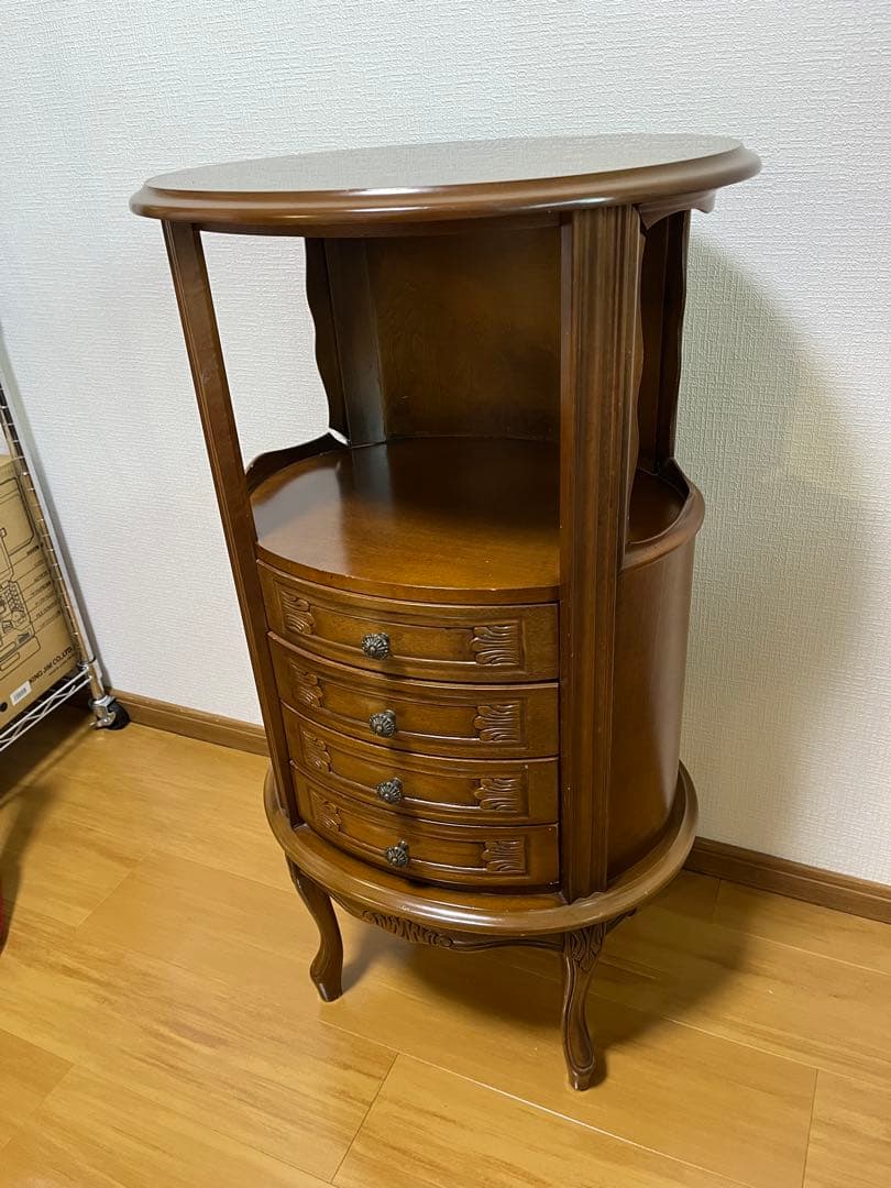 アンティーク調 木製サイドチェスト 4段引き出し 丸テーブル コンソールテーブル