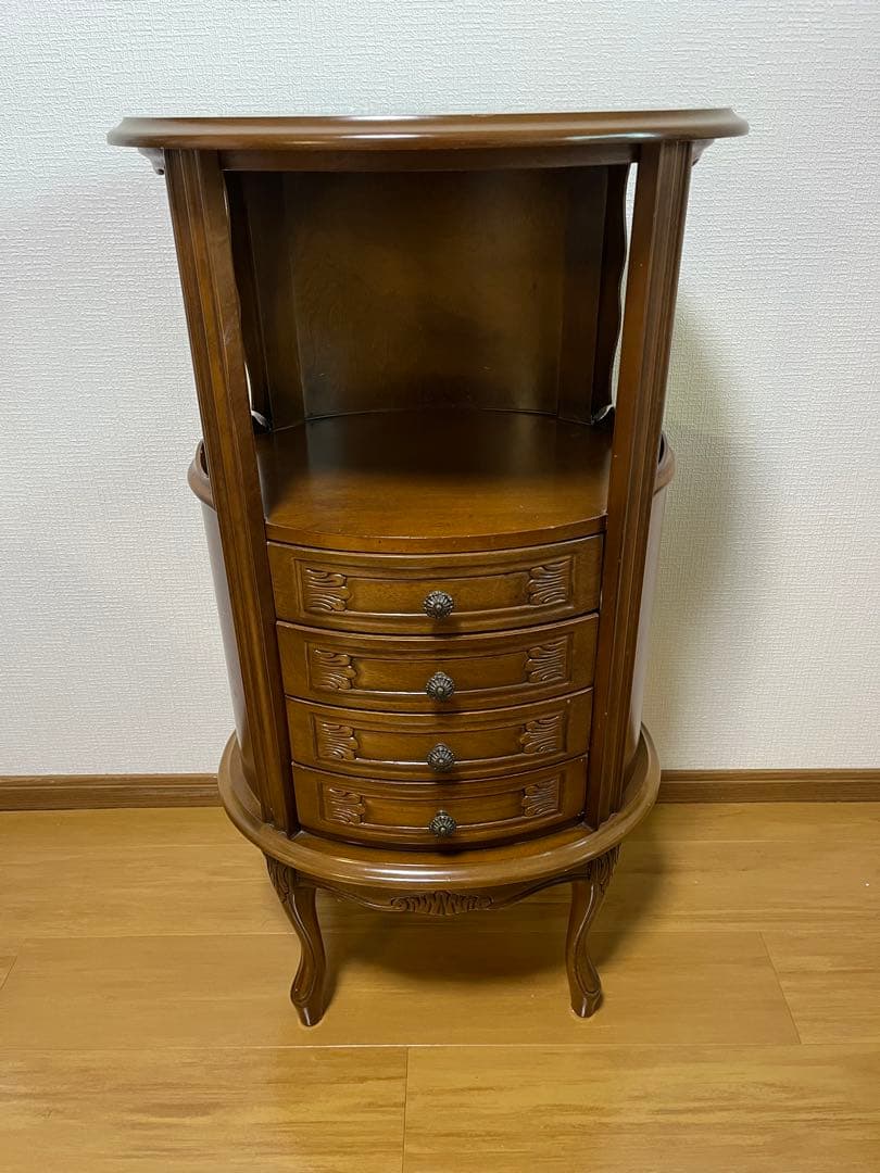 アンティーク調 木製サイドチェスト 4段引き出し 丸テーブル コンソールテーブル