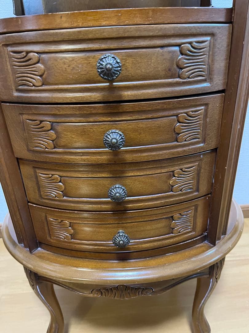 アンティーク調 木製サイドチェスト 4段引き出し 丸テーブル コンソールテーブル