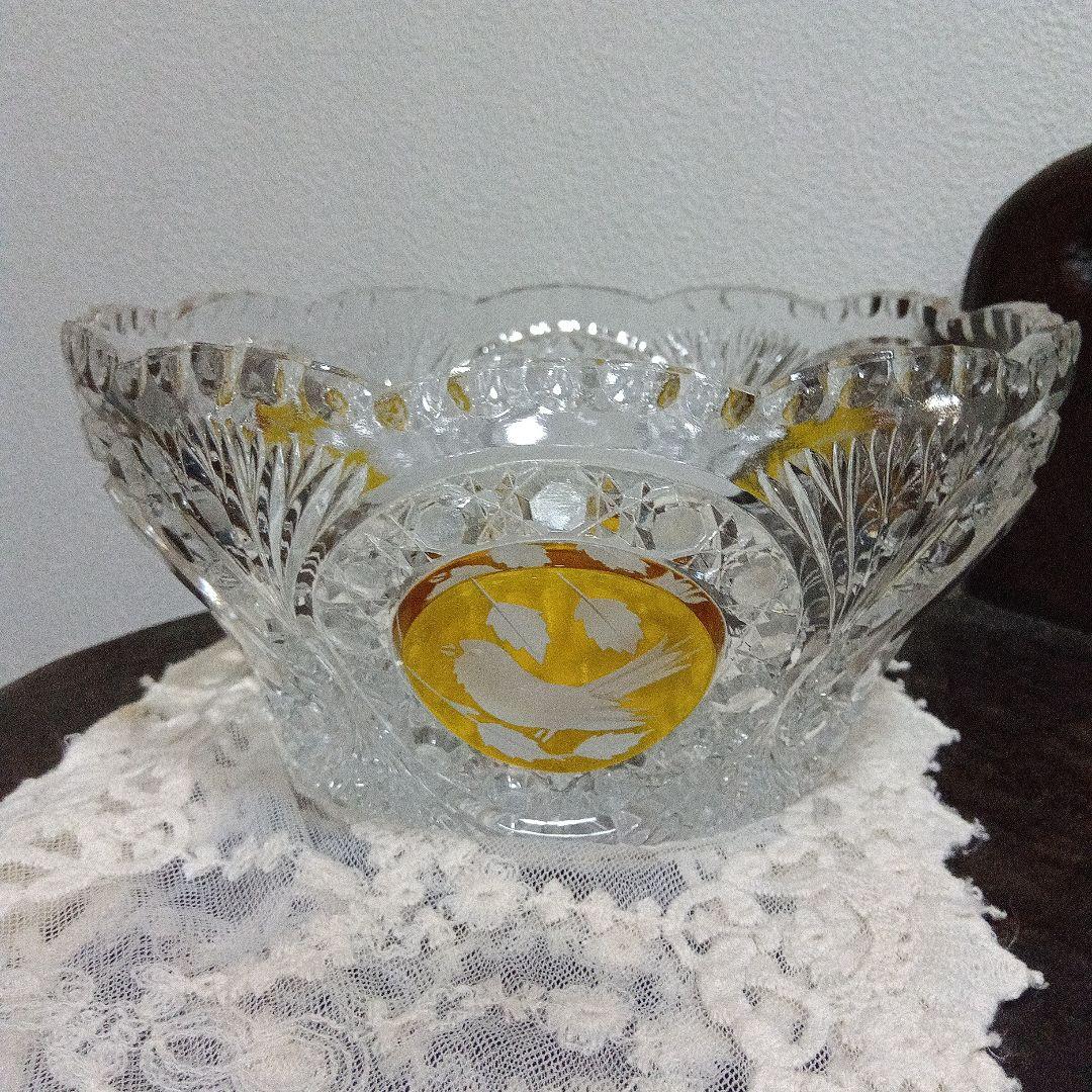 ホフバウワー イエローバードクリスタルガラス ボウル 小鳥アンティーク　西ドイツ